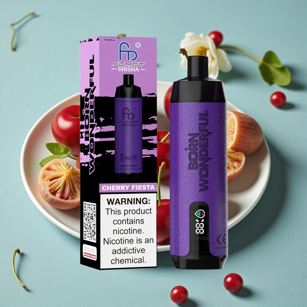 RandM Fumot Shisha 10000 Puffs Disposable Vape 18ml Fiesta Cereza LED Tipo-C