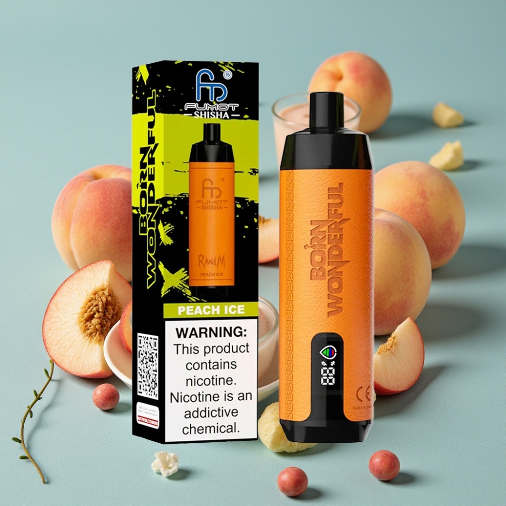 RandM Fumot Shisha 10000 Puffs Disposable Vape Melocotón Hielo con LED, Tipo-C, 0.5% Nicotina