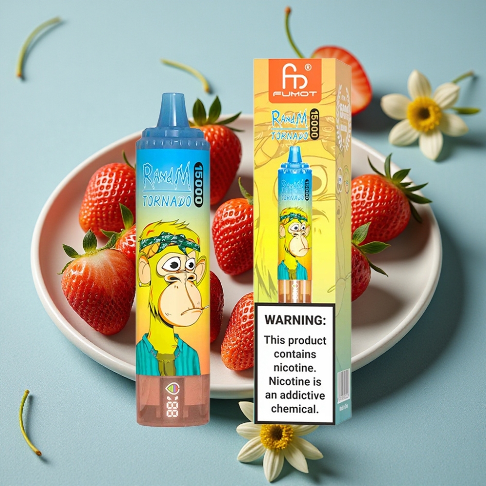 RandM Fumot Tornado 15000 Puffs 25ml 850mAh Fresa Recargable USB-C Pantalla LCD