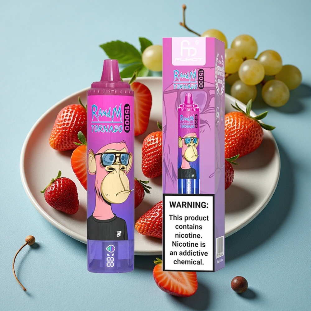 RandM Fumot Tornado 15000 Puffs 25ml 850mAh Fresa Uva Recargable Tipo-C Pantalla LCD