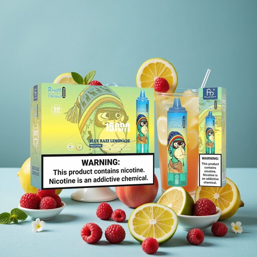 RandM Fumot Tornado 15000 Puffs 25ml 850mAh Tipo-C LCD Azul Frambuesa Limonada