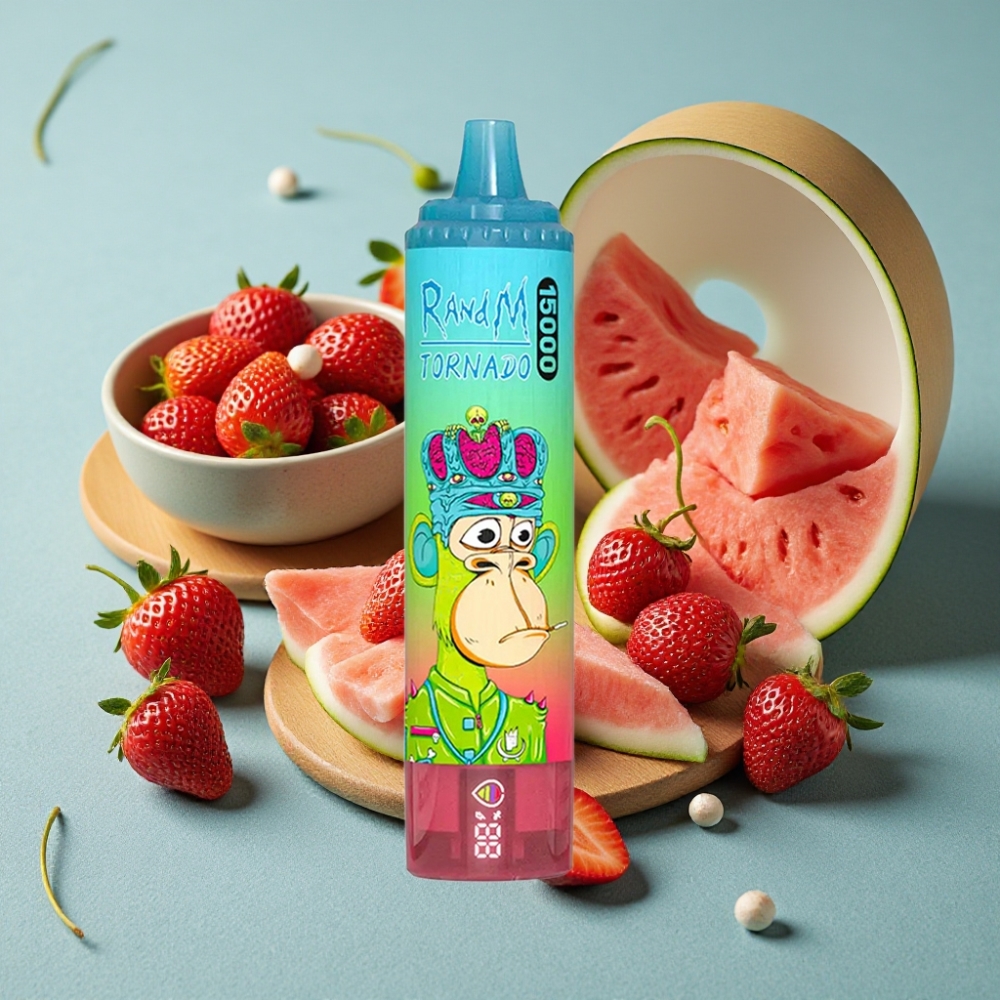 RandM Fumot Tornado 15000 Puffs 25ml Fresa Sandía USB-C Recargable Pantalla LCD