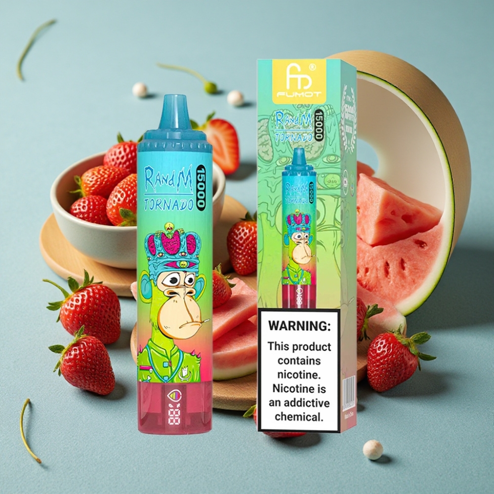 RandM Fumot Tornado 15000 Puffs 25ml Fresa Sandía USB-C Recargable Pantalla LCD
