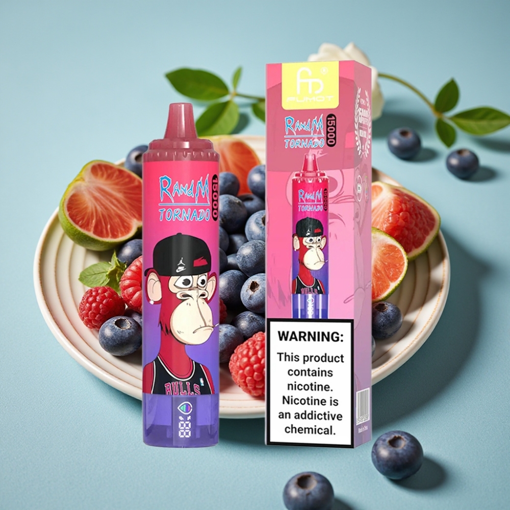 RandM Fumot Tornado 15000 Puffs Disposable Vape Frambuesa Azul Ácida 25ml 850mAh Mesh USB-C LCD