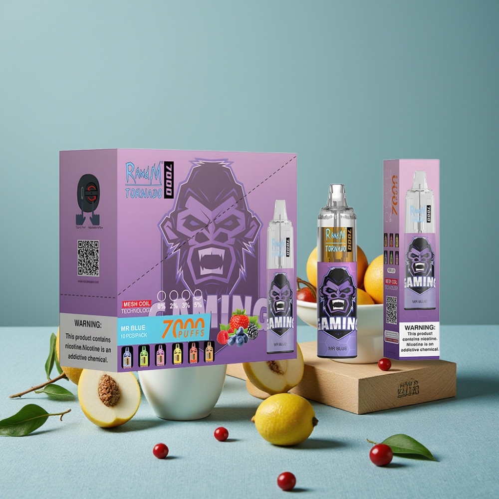 RandM Fumot Tornado 7000 Puffs 14ML E-líquido 850MAH Batería Malla Coil Tipo-C Luz RGB Ajustable Dr. Azul