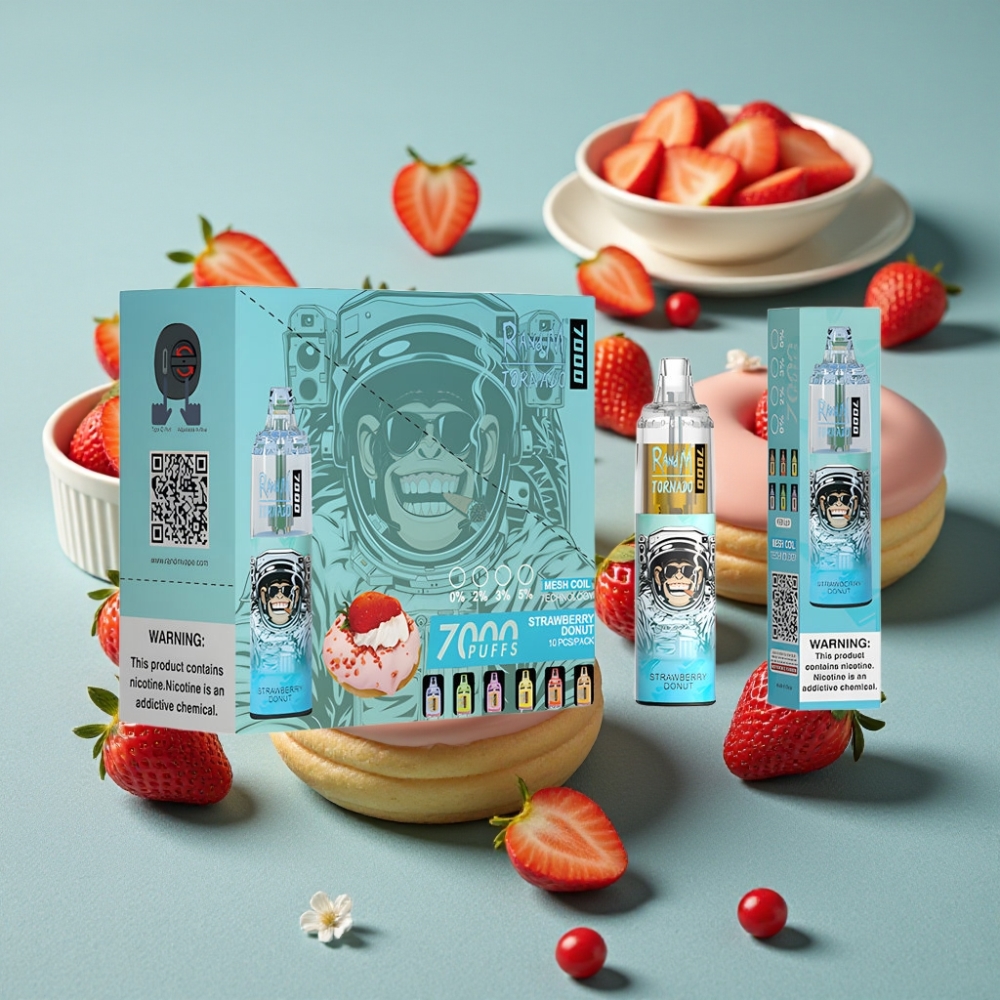 RandM Fumot Tornado 7000 Puffs 14ML E-liquid RGB Light Ajuste de Aire Donut de Fresa