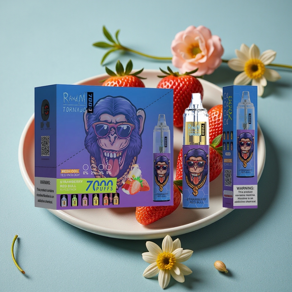 RandM Fumot Tornado 7000 Puffs 14ML E-liquid RGB Light Ajuste de Aire Sabor Fresa Red Bull