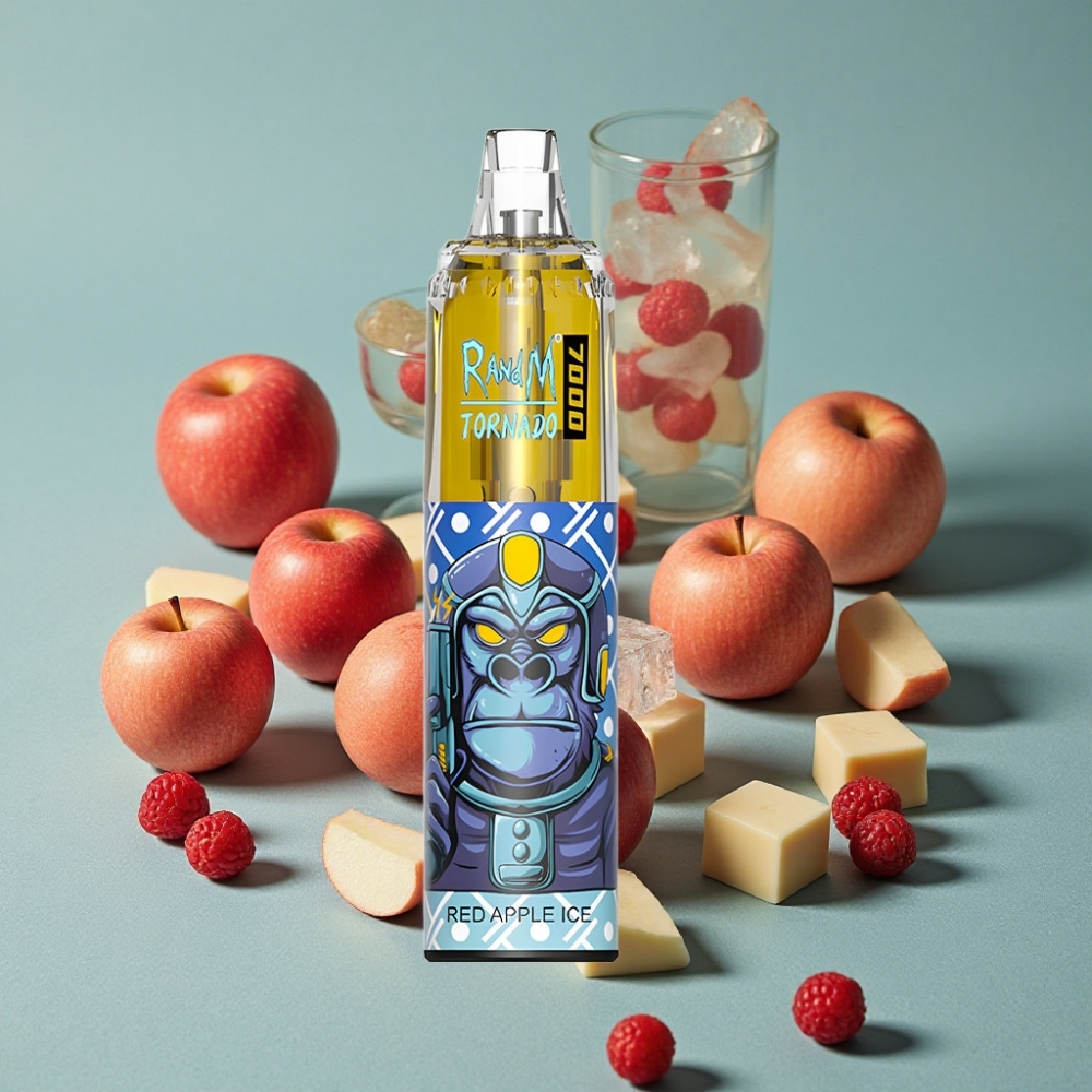 RandM Fumot Tornado 7000 Puffs 14ML Manzana Roja Hielo Tipo-C Luz RGB Ajuste de Aire