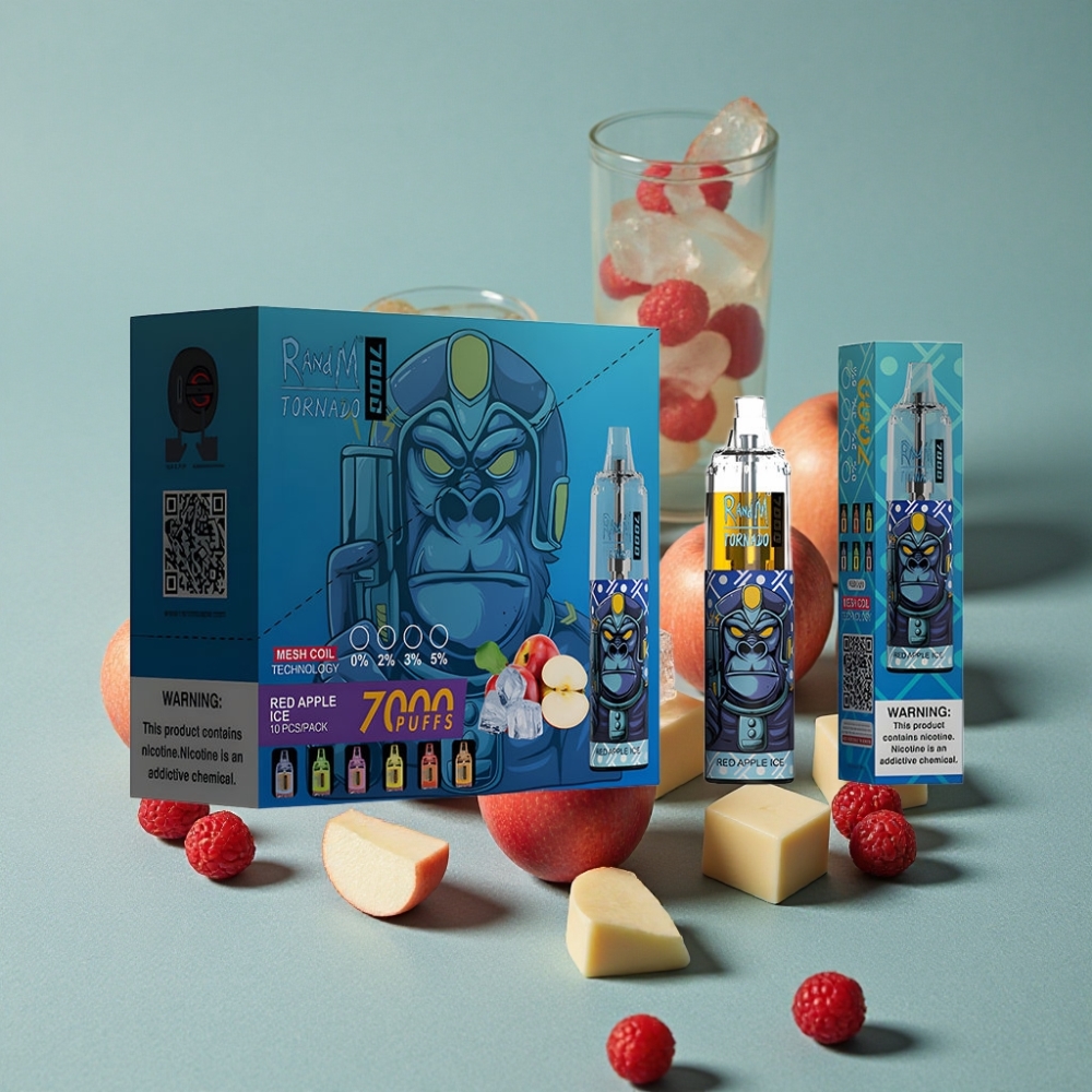 RandM Fumot Tornado 7000 Puffs 14ML Manzana Roja Hielo Tipo-C Luz RGB Ajuste de Aire