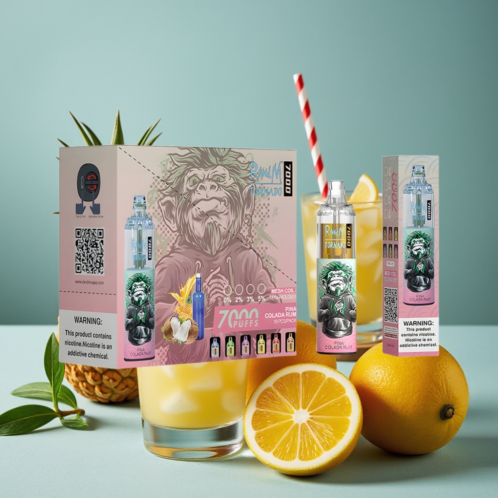 RandM Fumot Tornado 7000 Puffs Disposable Vape Piña Colada Ron, 14ML, Malla, RGB, Ajuste de Aire