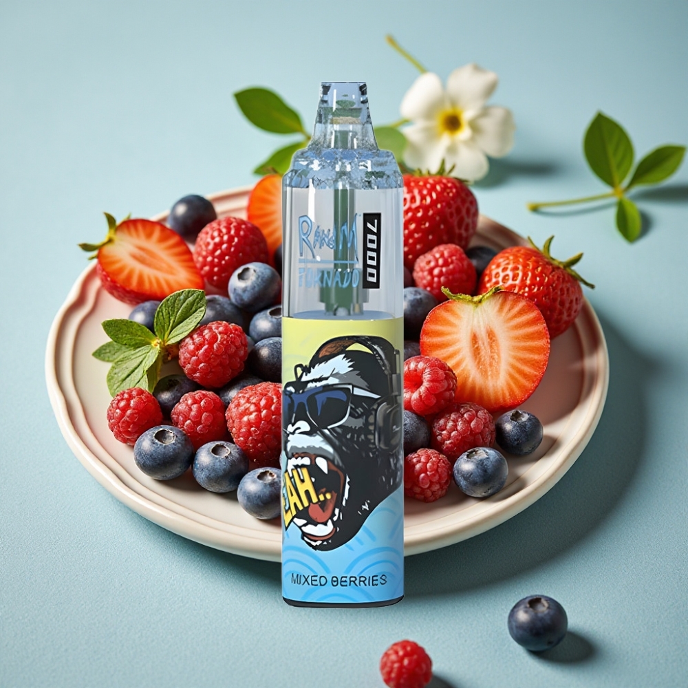RandM Fumot Tornado 7000 Puffs Vape Desechable con Luz RGB y Ajuste de Aire, Sabor Frutas del Bosque