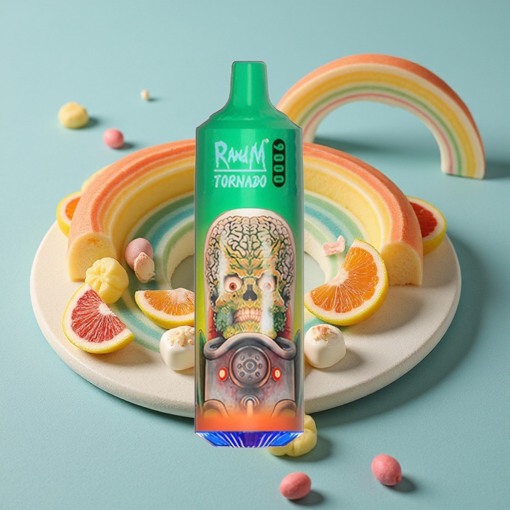 RandM Fumot Tornado 9000 Puffs 18 mL Pantalla RGB Sabor Caramelo Arcoíris