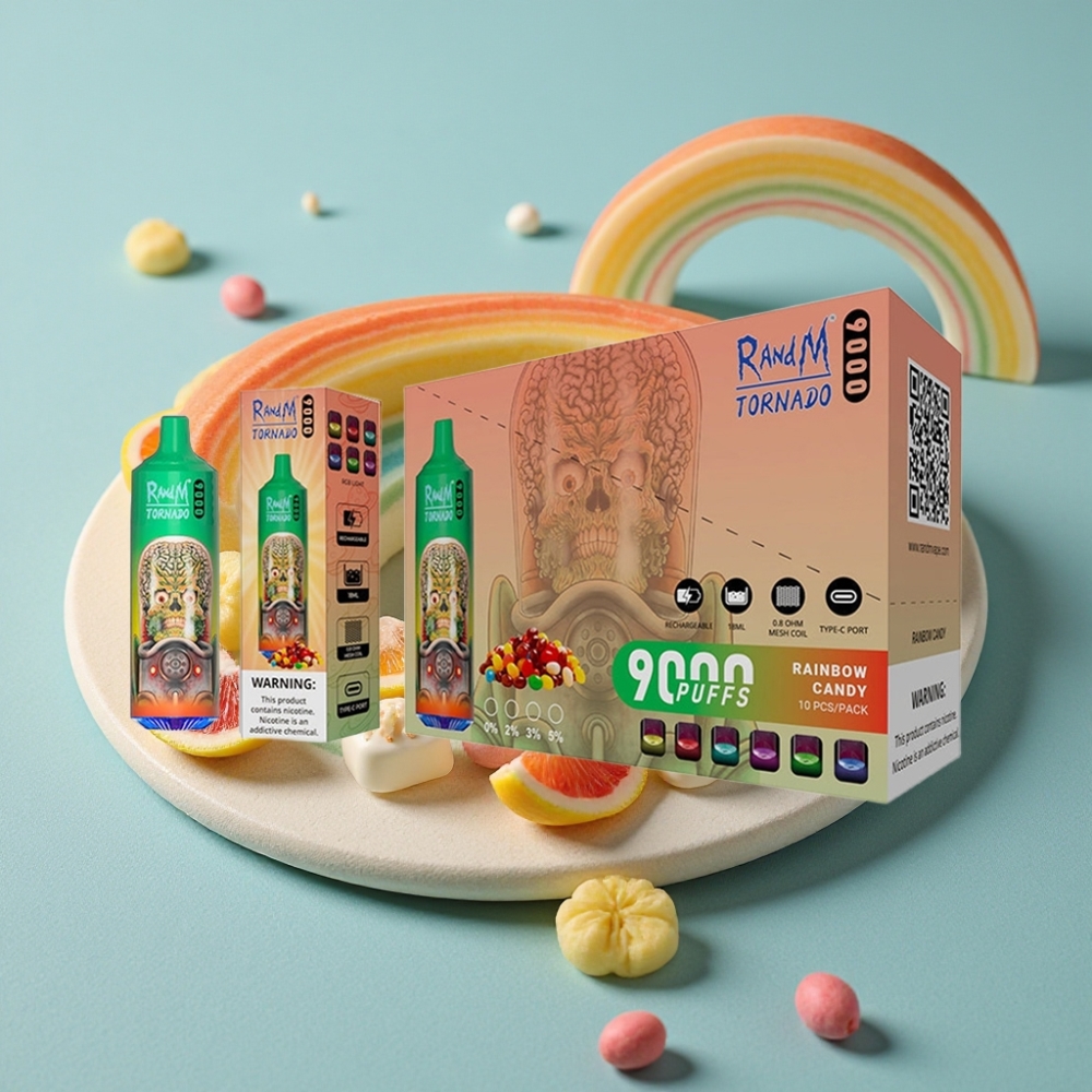 RandM Fumot Tornado 9000 Puffs 18 mL Pantalla RGB Sabor Caramelo Arcoíris