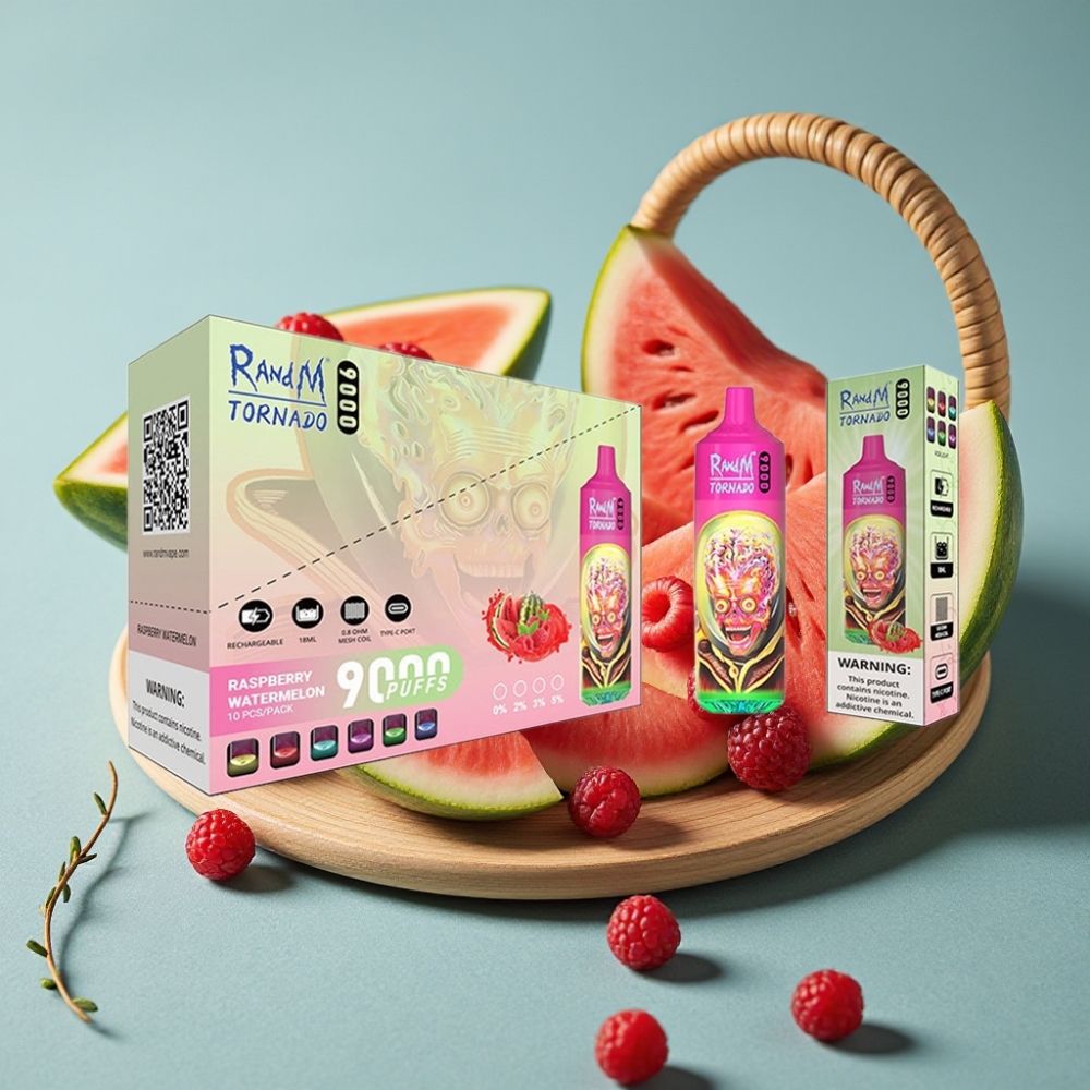 RandM Tornado 9000 Puffs 18 mL Pantalla RGB Frambuesa Sandía Recargable