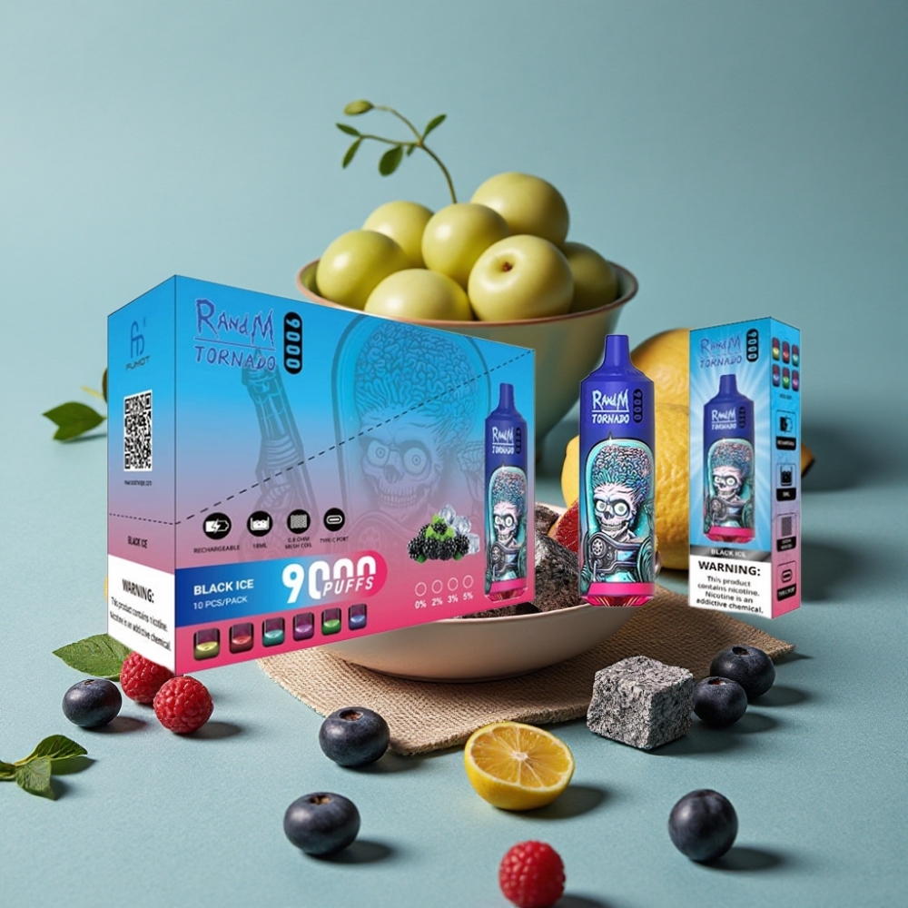 RandM Tornado 9000 Puffs 18 mL Pantalla RGB Negro Hielo vape al por mayor España