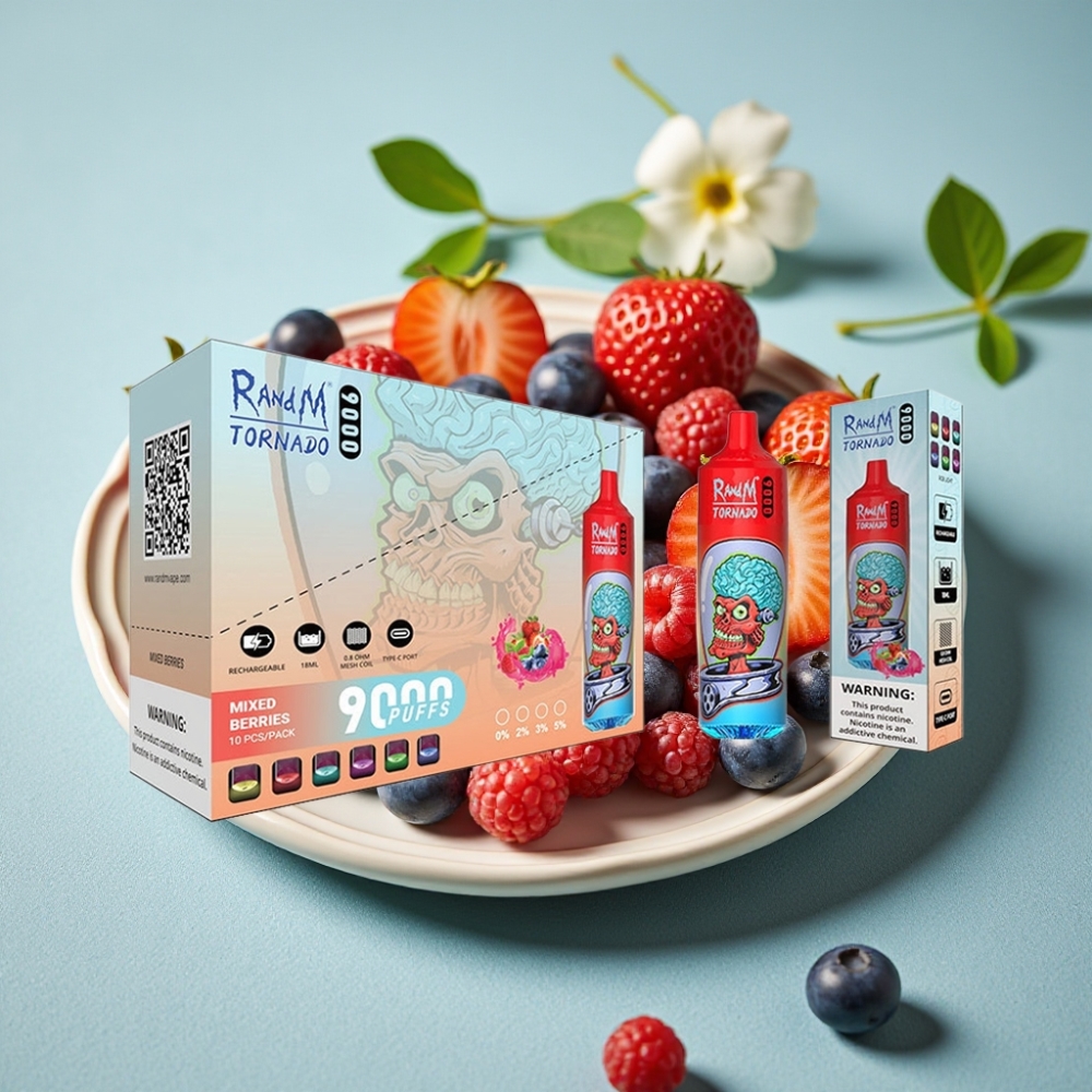 RandM Tornado 9000 Puffs 18 mL Pantalla RGB Recargable Bayas Mixtas Malla