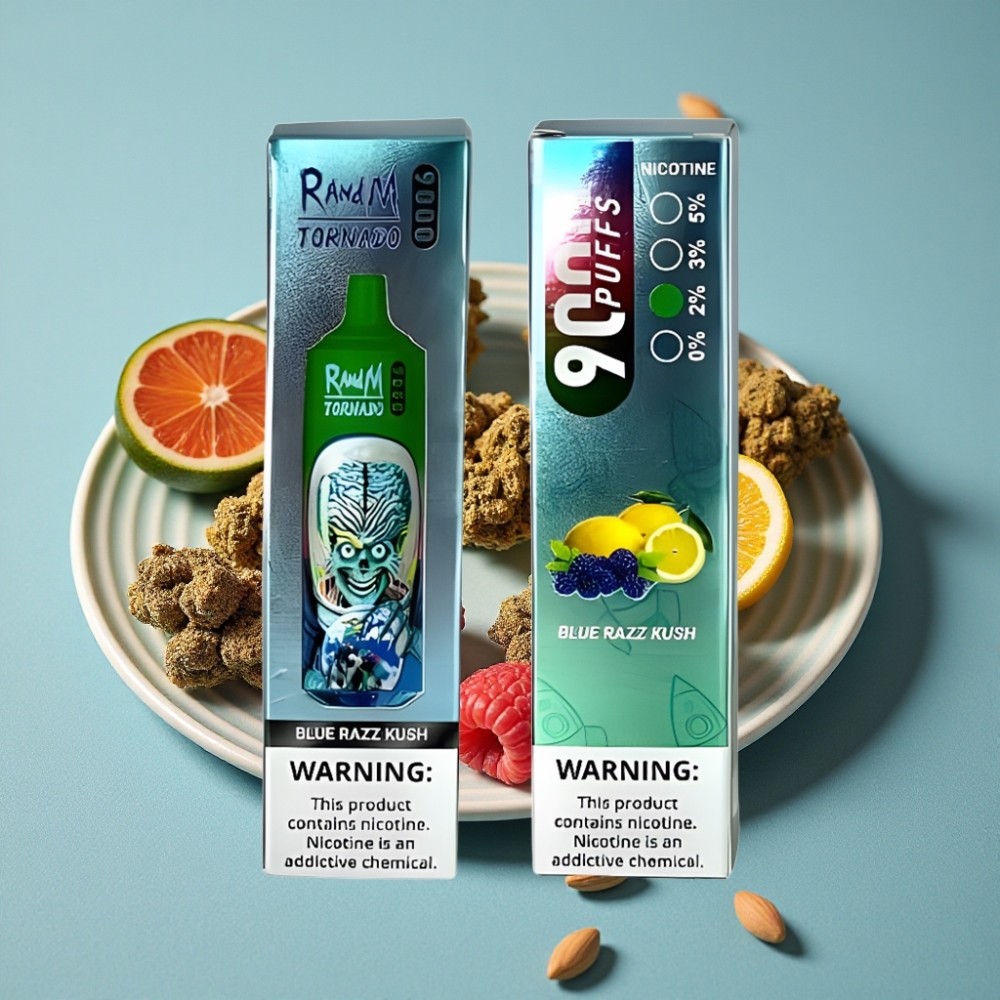 RandM Tornado 9000 Puffs 18 mL Pantalla RGB Sabores 54 Variedad Arándano Azul Kush
