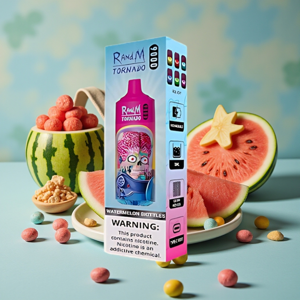 RandM Tornado 9000 Puffs 18 mL Recargable Pantalla RGB Sabor Sandía Skittles