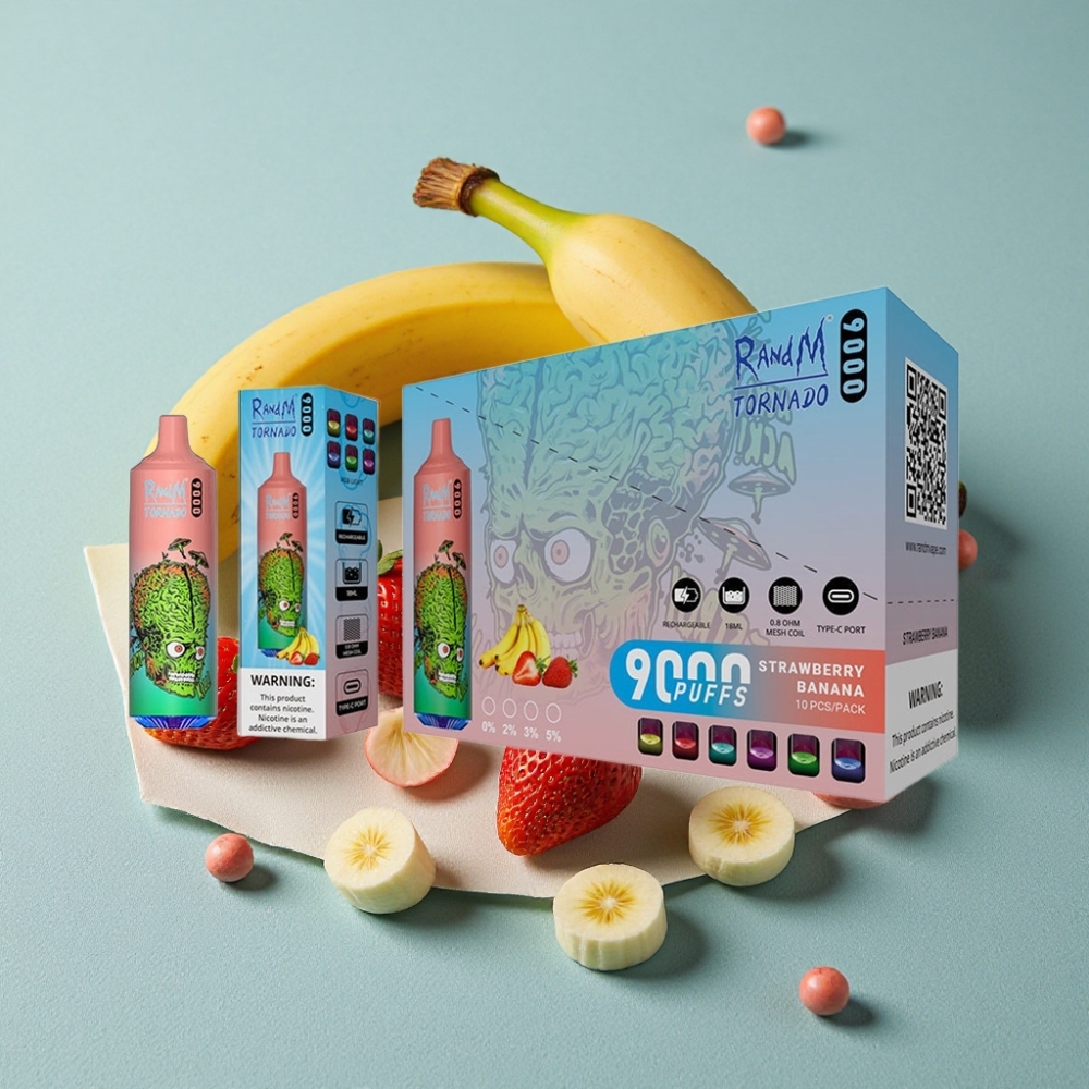 RandM Tornado 9000 Puffs 18mL Pantalla RGB Fresa Plátano vape al por mayor España