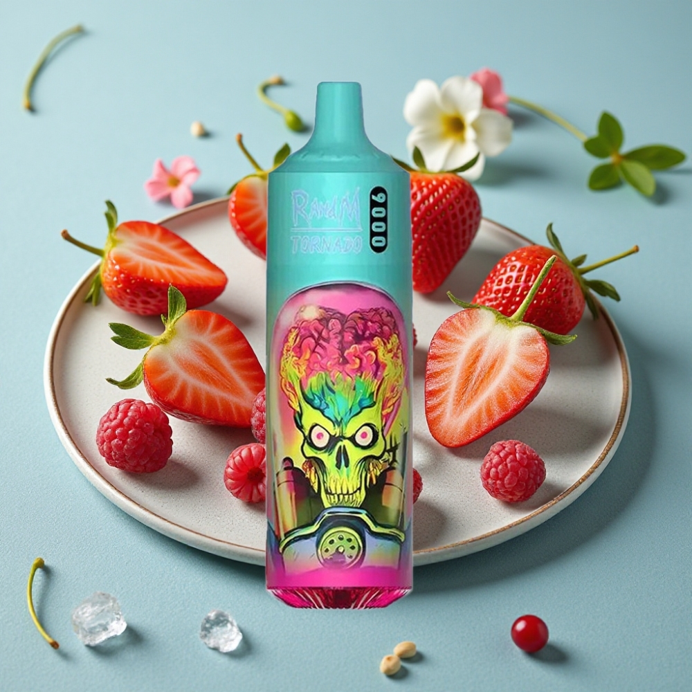 RandM Tornado 9000 Puffs Vape Desechable Fresa Frambuesa Cereza Hielo con Pantalla RGB