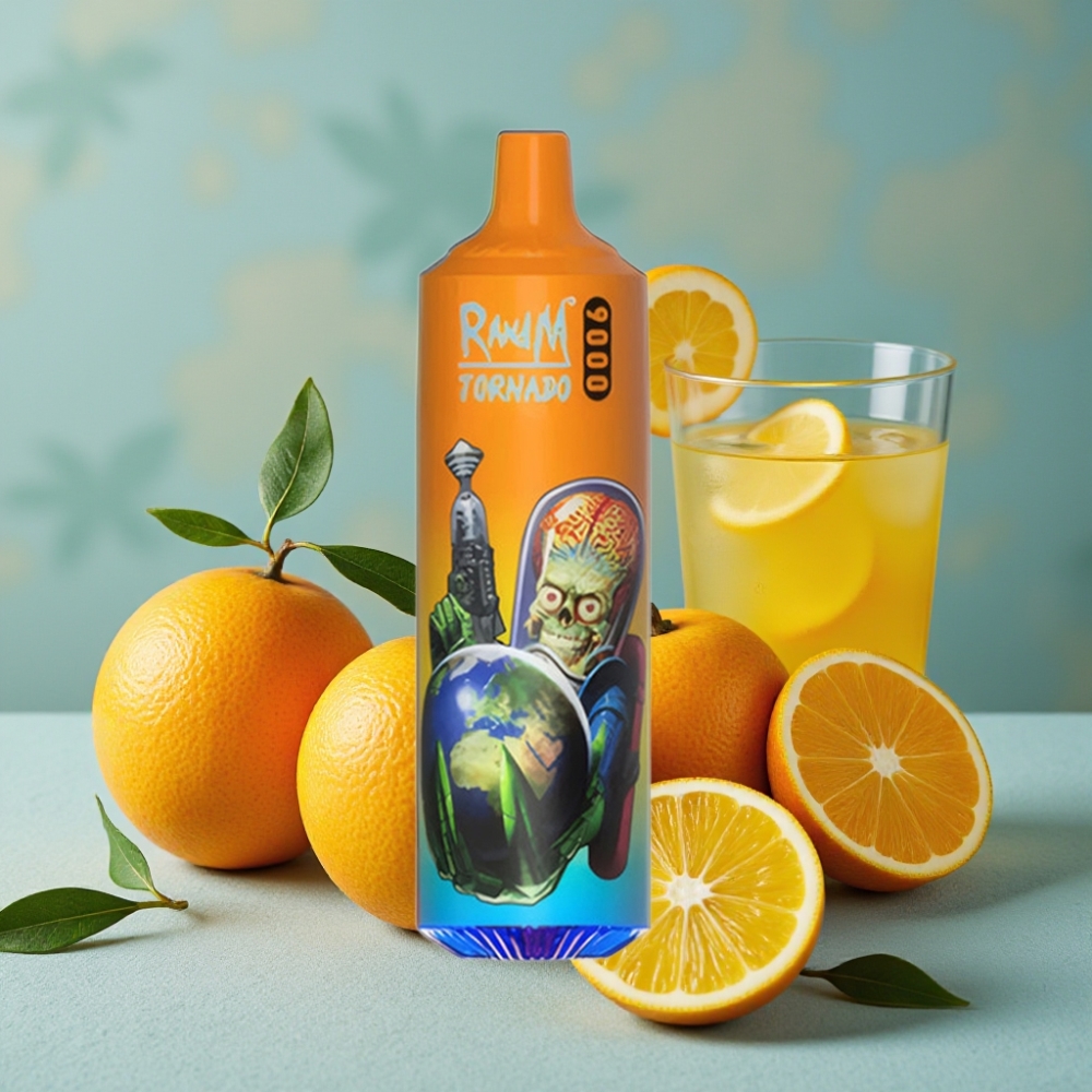 RandM Tornado 9000 Puffs Vape Recargable 850 mAh 18 mL Pantalla RGB Malla Sabor Naranja