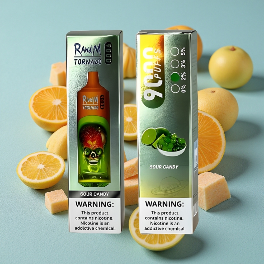 RandM Tornado 9000 Puffs Vape Recargable 850 mAh 18 mL Pantalla RGB Sabor Caramelo Ácido