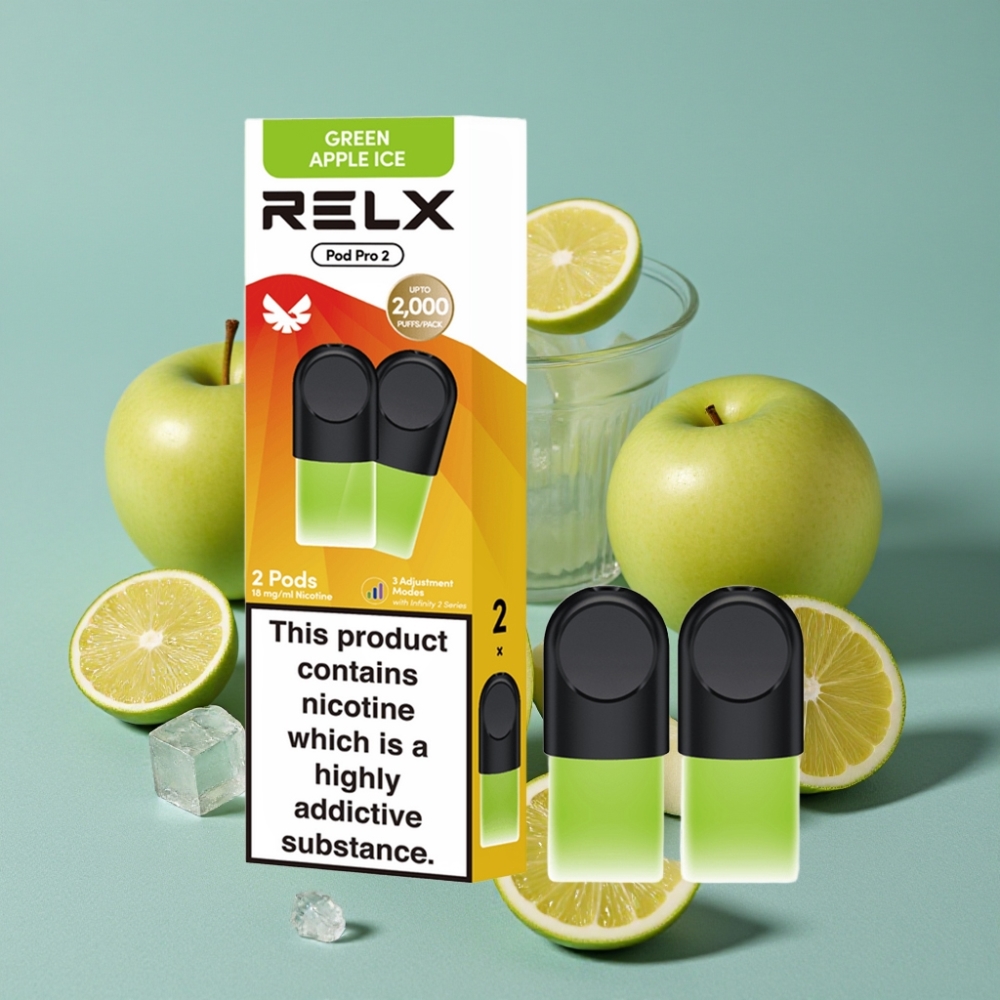 RELX Pod Pro 2 600 puffs 1.9ml 1.8% Nicotina Manzana Verde Helada 3 ajustes de voltaje