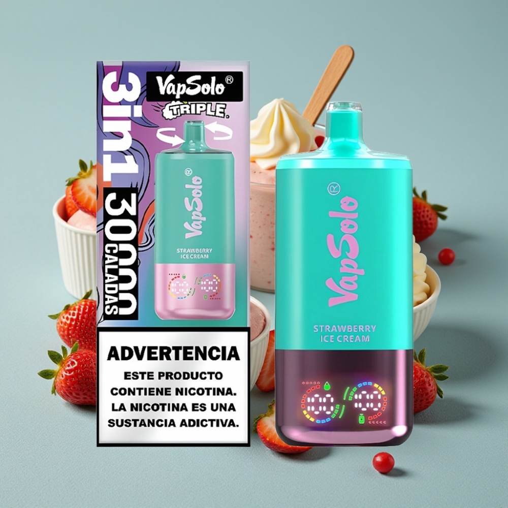 VapSolo Triple 30000 Puffs 40ml Fresa Helado Tipo-C vape al por mayor España