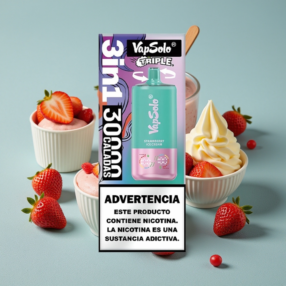 VapSolo Triple 30000 Puffs 40ml Fresa Helado Tipo-C vape al por mayor España
