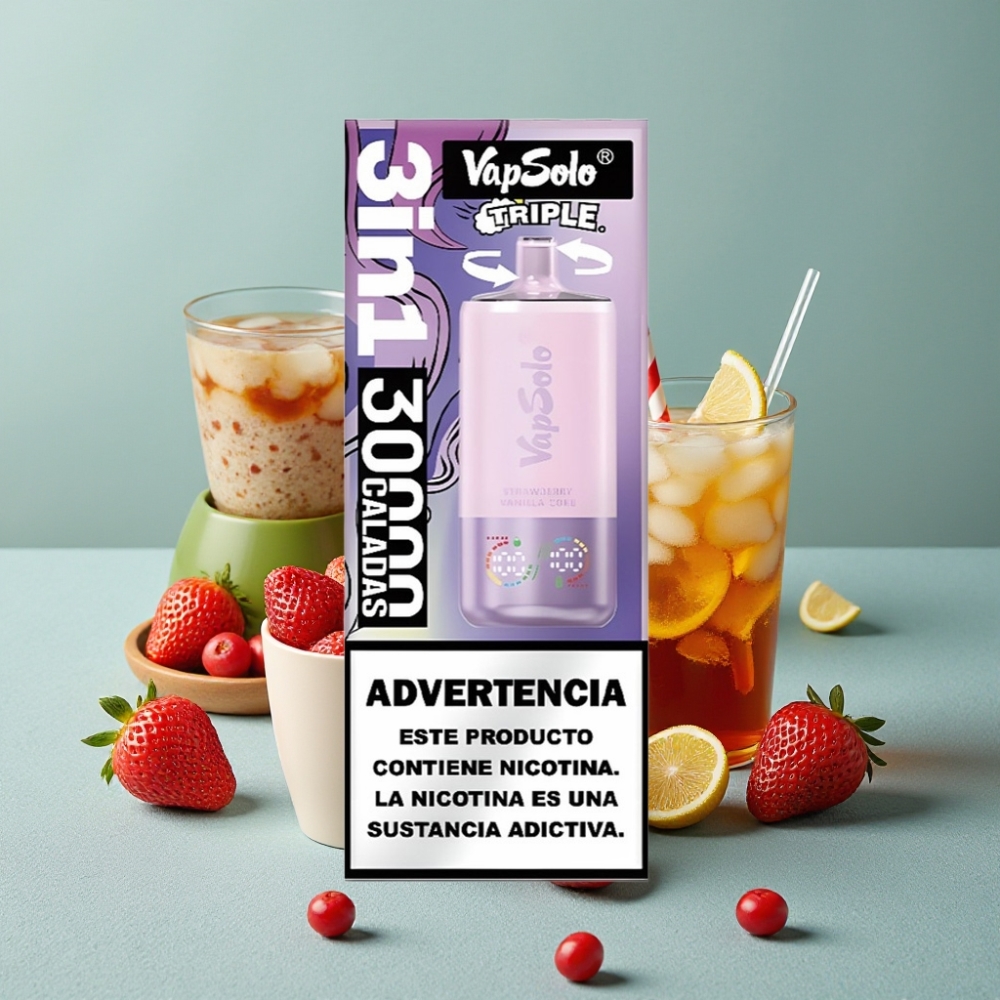 VapSolo Triple 30000 Puffs Fresa Vainilla Coca-Cola 40ml 3 Tanques Tipo-C