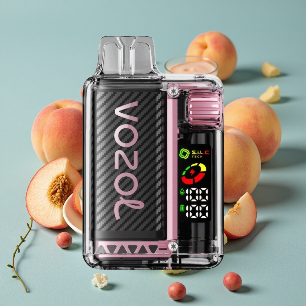 VOZOL Vista 20000 Puffs Recargable con Sabor a Melocotón Helado, Pantalla OLED, Coil Dual Mesh S.i.L.C Tech, Material PCR 65%